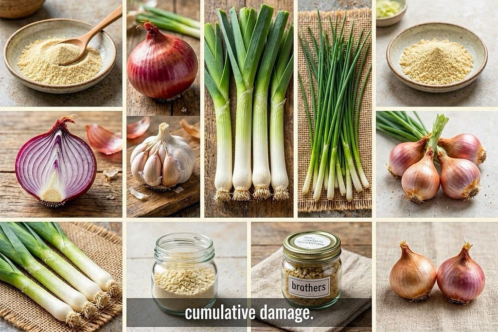 Allium family grid Onions, garlic, leeks, chives, shallots + hidden sources (powders, broths). Text: "Cumulative damage."