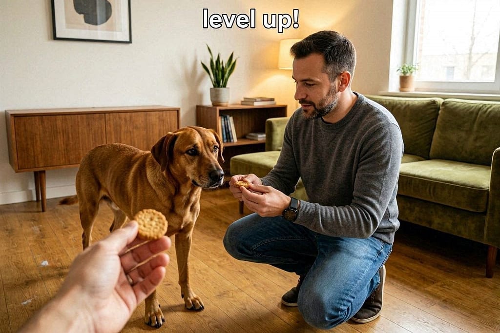 Open hand with treat visible, dog backing off, owner giving other treat. Text: "Level up!"