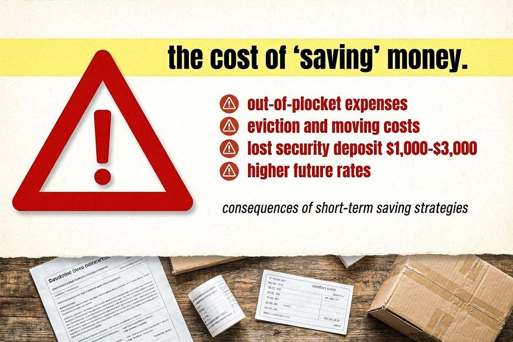 Red warning list Out-of-pocket expenses, eviction and moving costs, lost security deposit ($1,000-$3,000), higher future rates. Text: "The cost of 'saving' money."