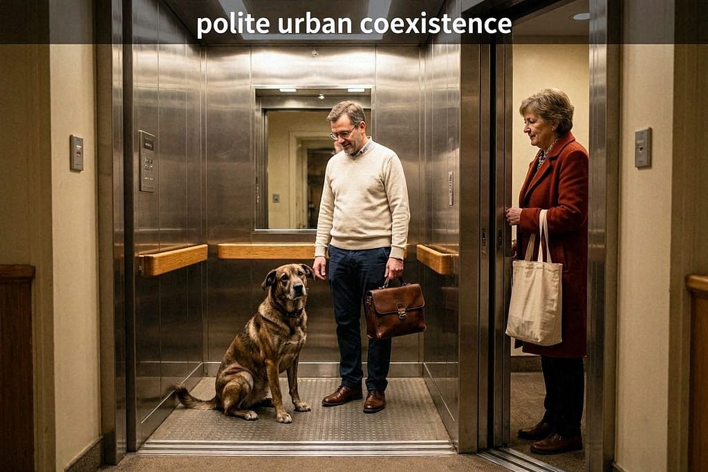 Owner and dog in elevator, neighbor enters, dog looking at owner, calm atmosphere. Text: "Polite urban coexistence"