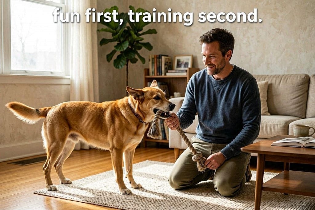 Owner and dog playing tug with rope toy. Text: "Fun first, training second."