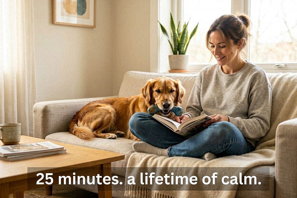 Owner and dog relaxed at home, dog calmly chewing toy, owner reading. No pent-up energy.