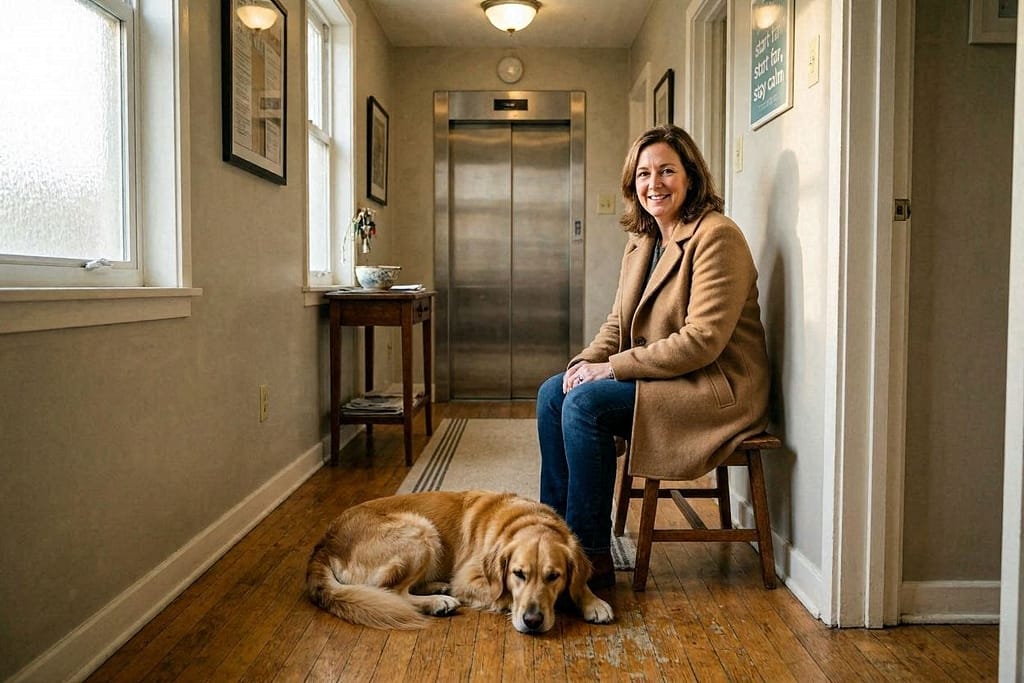Owner and dog sitting at end of hallway, elevator visible far away, dog relaxed. Text: "Start far, stay calm