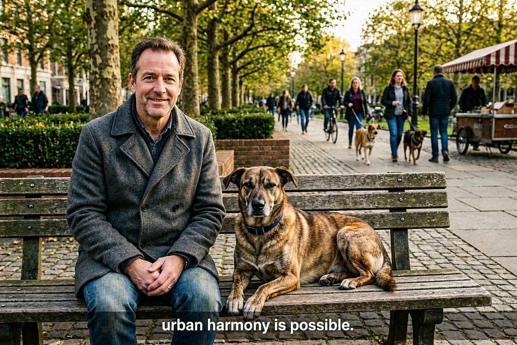 Owner and dog sitting calmly on a park bench in the city, dogs and people walking by, dog relaxed, no barking. Text: "Urban harmony is possible."