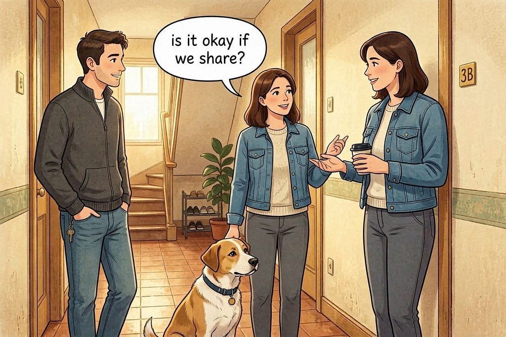 Owner asking neighbor in hallway, dog sitting calmly. Speech bubble: "Is it okay if we share?"