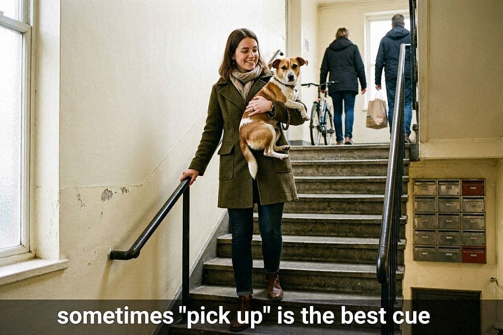 Owner carrying small dog in stairwell. Text: "Sometimes 'pick up' is the best cue"