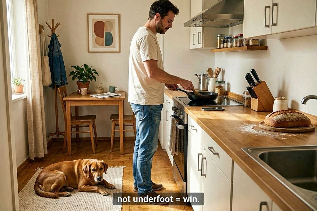 Owner cooking in kitchen, dog on mat just outside kitchen, calm. Text: "Not underfoot = win."