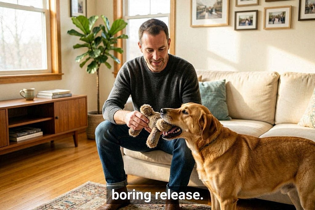 Owner holding toy still, dog releasing. Text: "Boring = release."