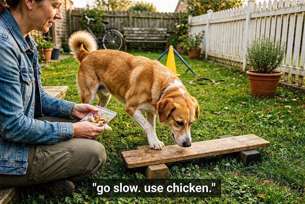 Slow intro photo Owner letting dog investigate obstacle without pressure, treats visible. Text: "Go slow. Use chicken."