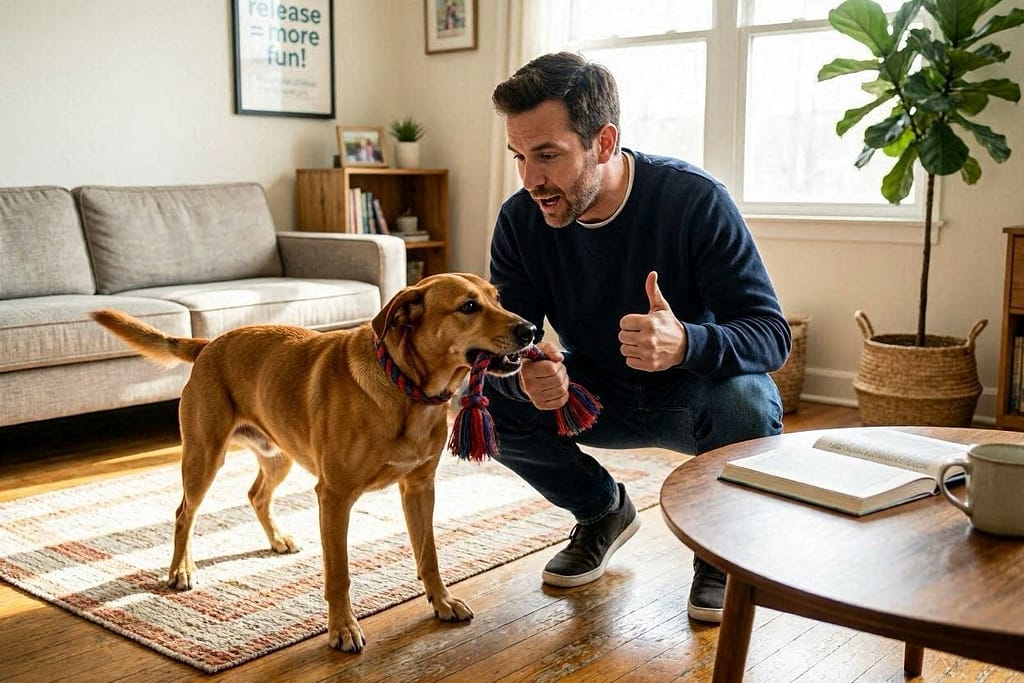 Owner marking "Yes!" and immediately re-engaging tug with more energy. Text: "Release = more fun!"