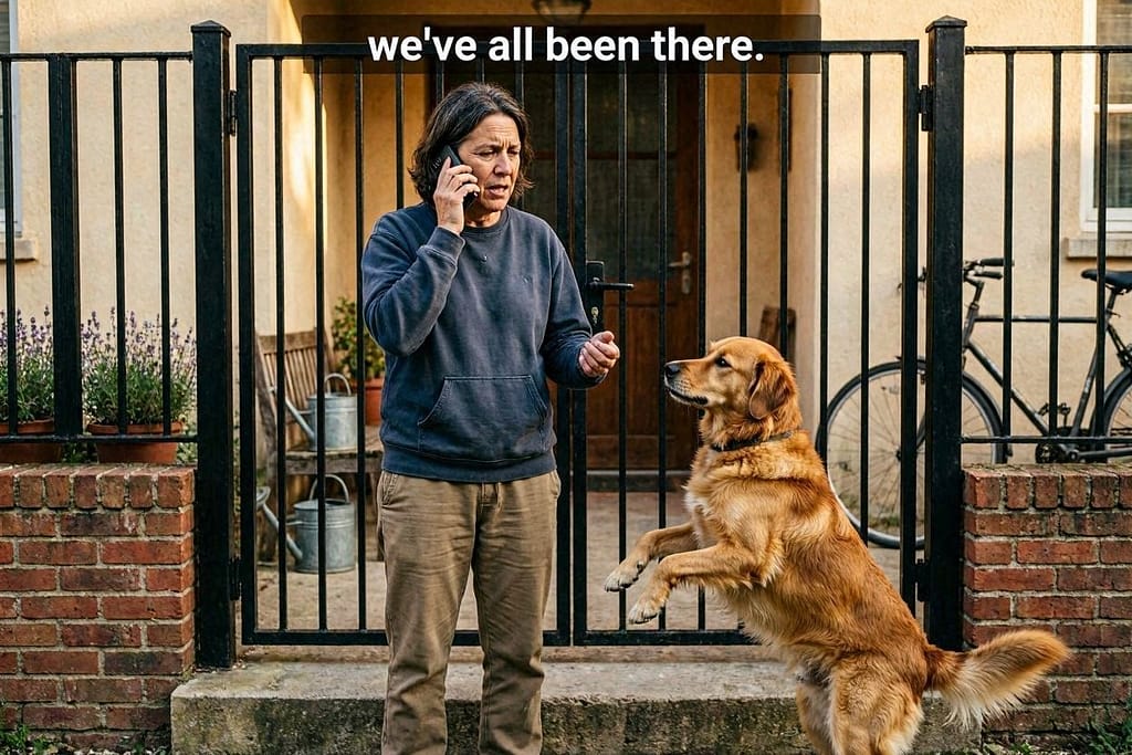 Relatable "panic" photo Owner on phone with stressed expression, dog doing "I need to go" dance, closed gate in background. Text: "We've all been there."