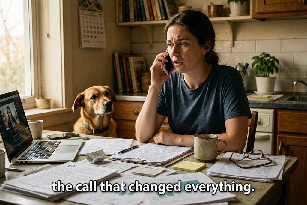 Relatable "oh no" photo Owner on phone with stressed expression, dog nearby, papers scattered. Text: "The call that changed everything."