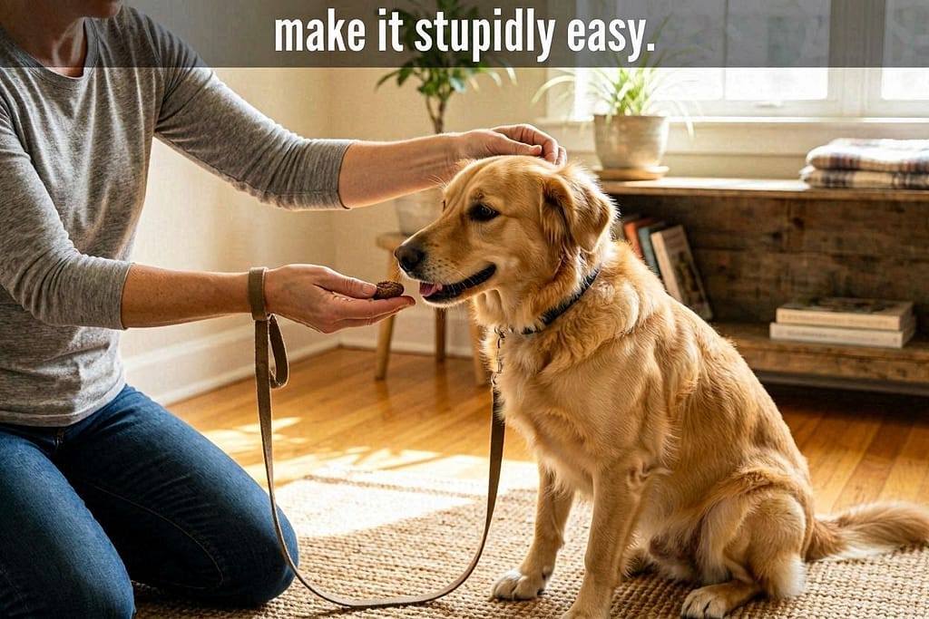 Guide demo photo Owner physically guiding dog to treat, showing them the game.