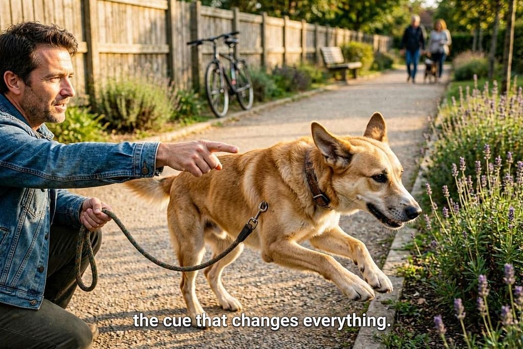 Owner pointing, dog excitedly moving to sniff. Text: "The cue that changes everything."