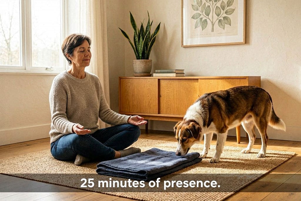 Owner mindfulness photo Owner relaxing, breathing slowly, dog sniffing nearby.