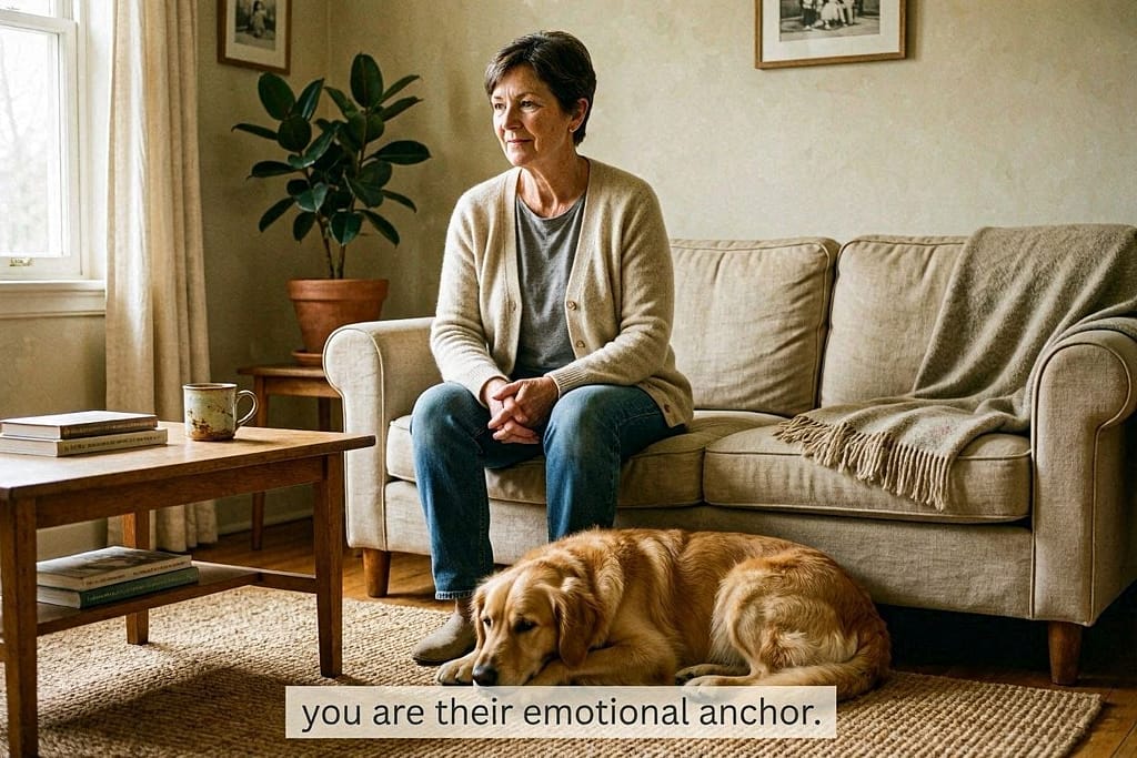 Owner sitting calmly, dog lying nearby, soft lighting. Text: "You are their emotional anchor."