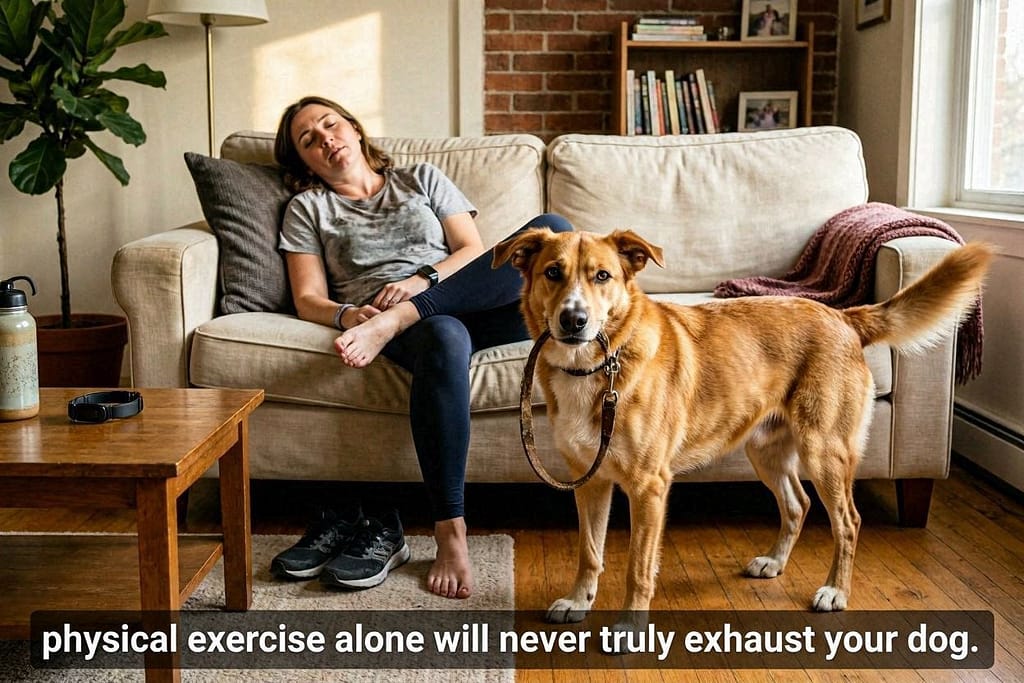 Owner sitting tired on couch, dog holding leash in mouth, bright-eyed and ready. Text: "Physical exercise alone will never truly exhaust your dog."