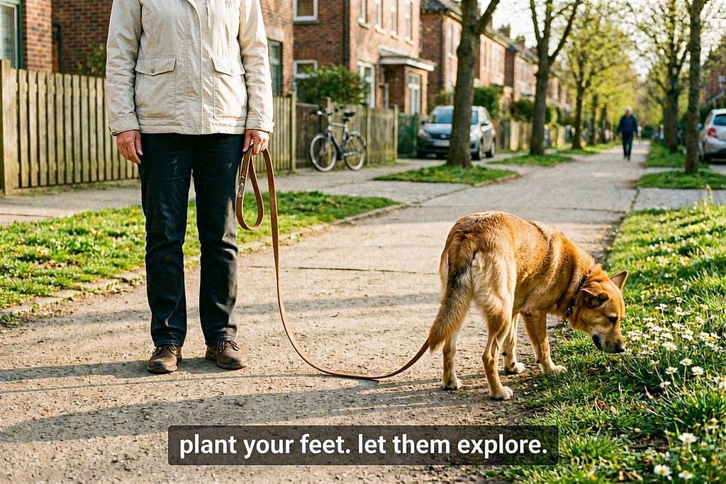 Owner standing with slack leash, dog exploring at end of 6-foot radius. Text: "Plant your feet. Let them explore."