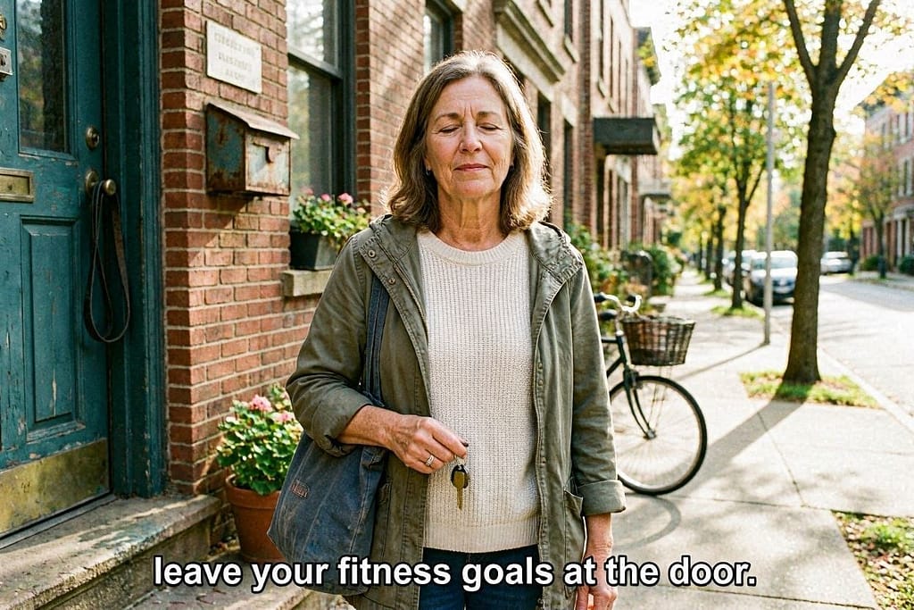 Owner taking deep breath before walk, calm expression. Text: "Leave your fitness goals at the door."