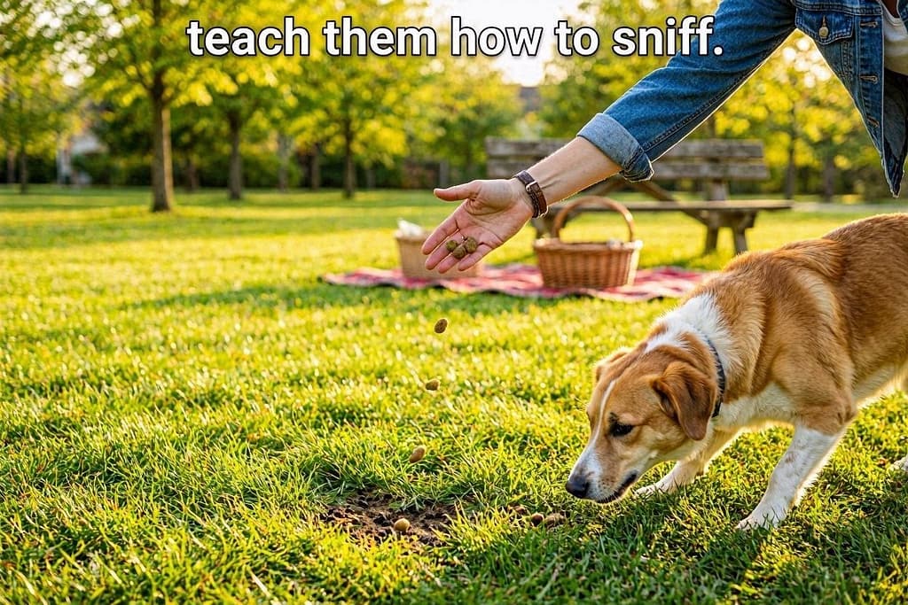 Owner tossing treats in grass, dog sniffing to find.