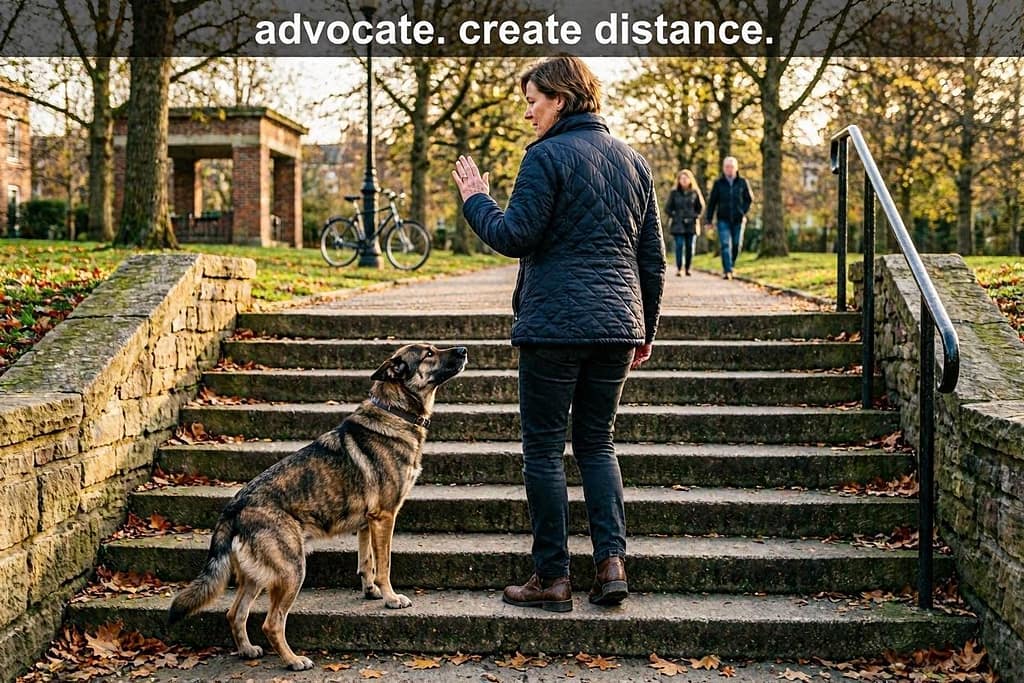 Owner turning away from off-leash dog, moving back up stairs. Text: "Advocate. Create distance."