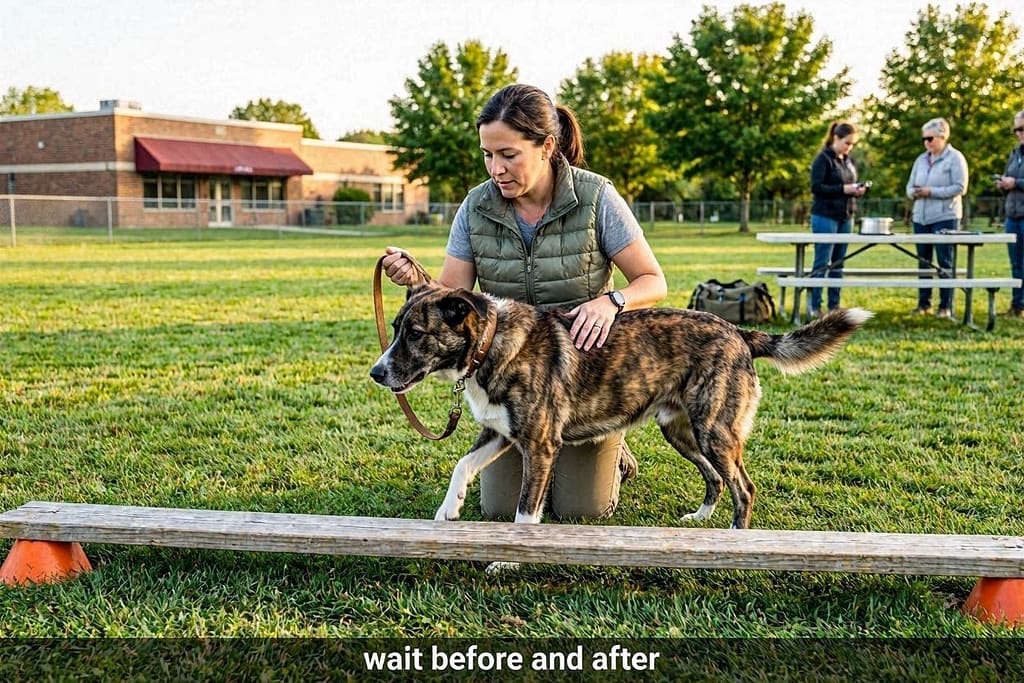 Leash control photo Owner using leash to guide dog through obstacle slowly. Text: "Wait before and after."