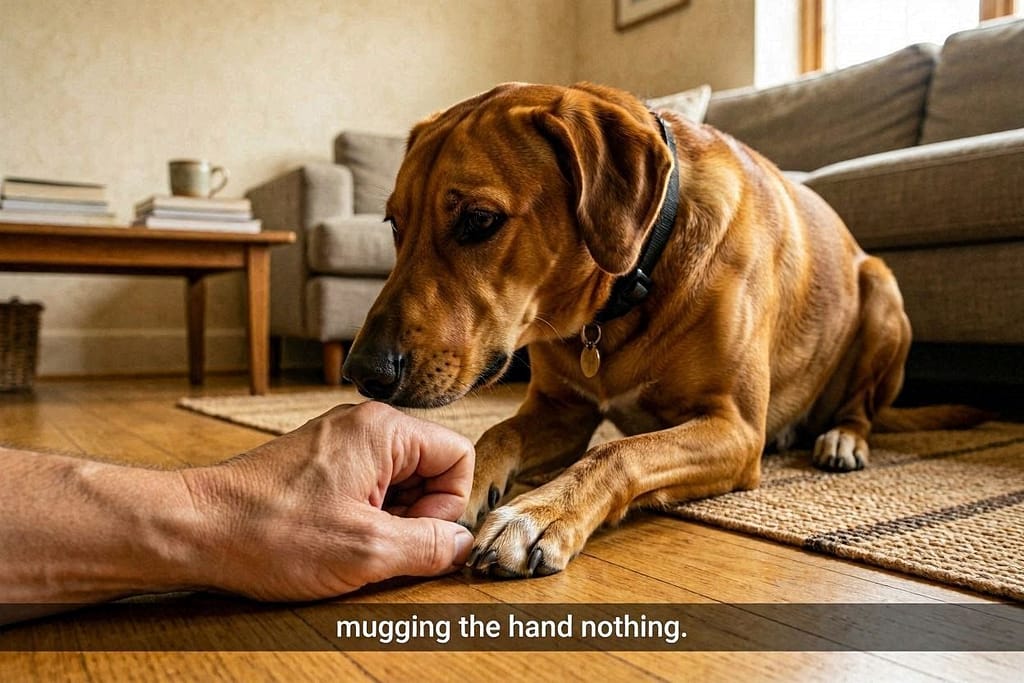 Owner's closed fist with dog sniffing/pawing. Text: "Mugging the hand = nothing."