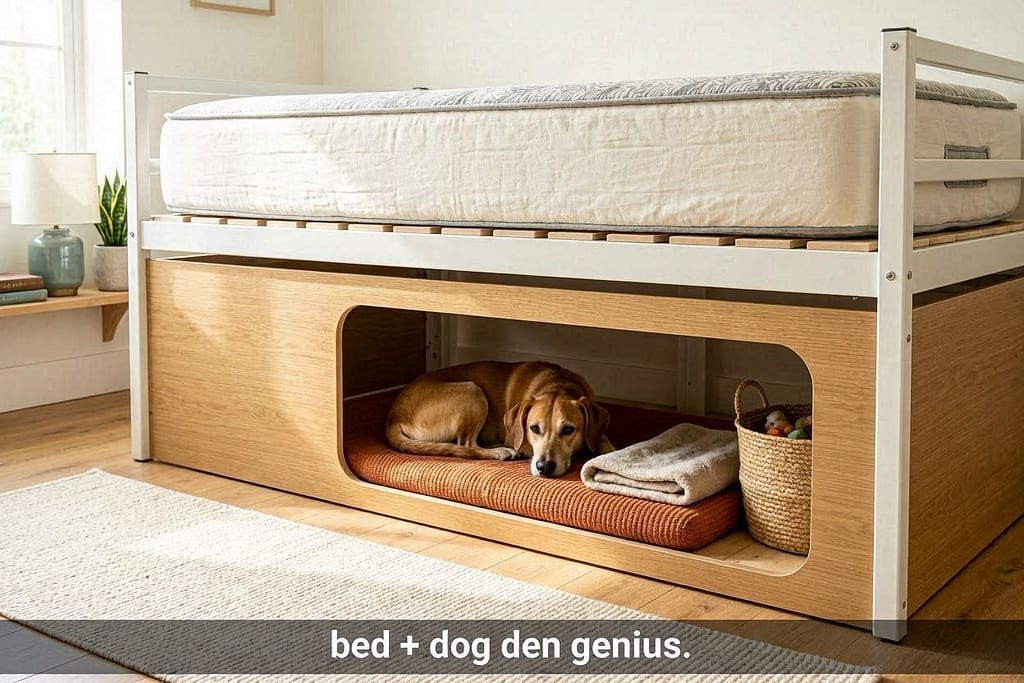 PAX frame assembled to bed height, mattress on top, dog cave underneath. Text: "Bed + dog den = genius."