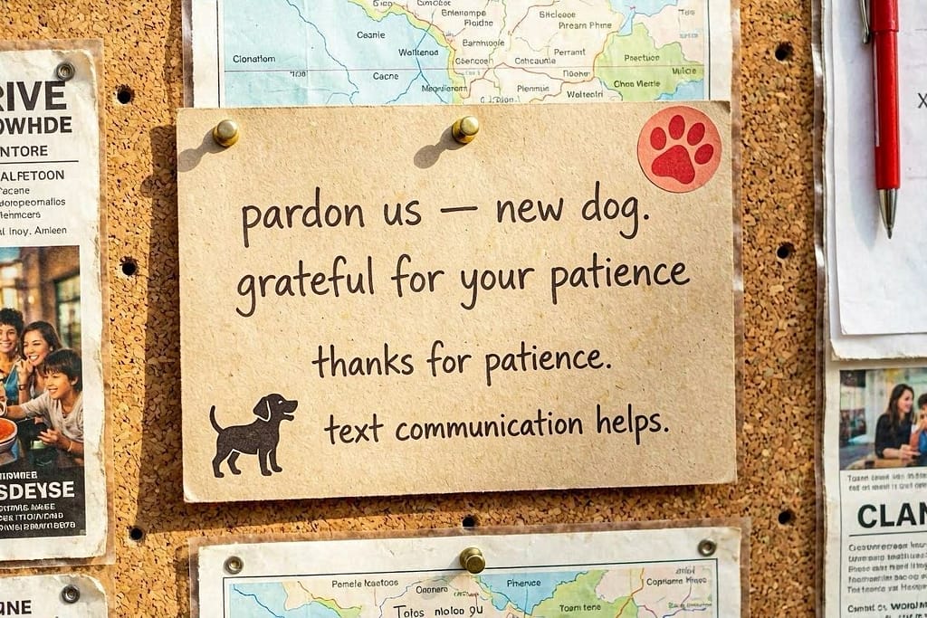 Friendly note: "Apologies for barking! In training. Thanks for patience." Text: "Communication helps."