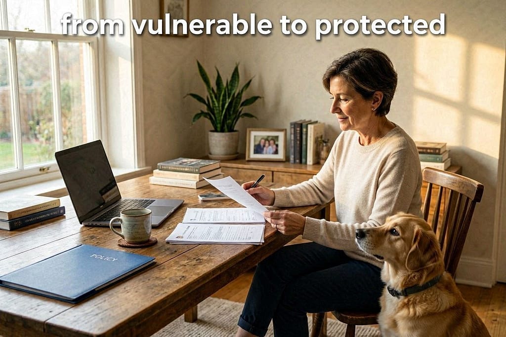 Aspirational/educational hero photo Peaceful scene: owner, dog, insurance documents being reviewed with confidence. Text: "From vulnerable to protected."