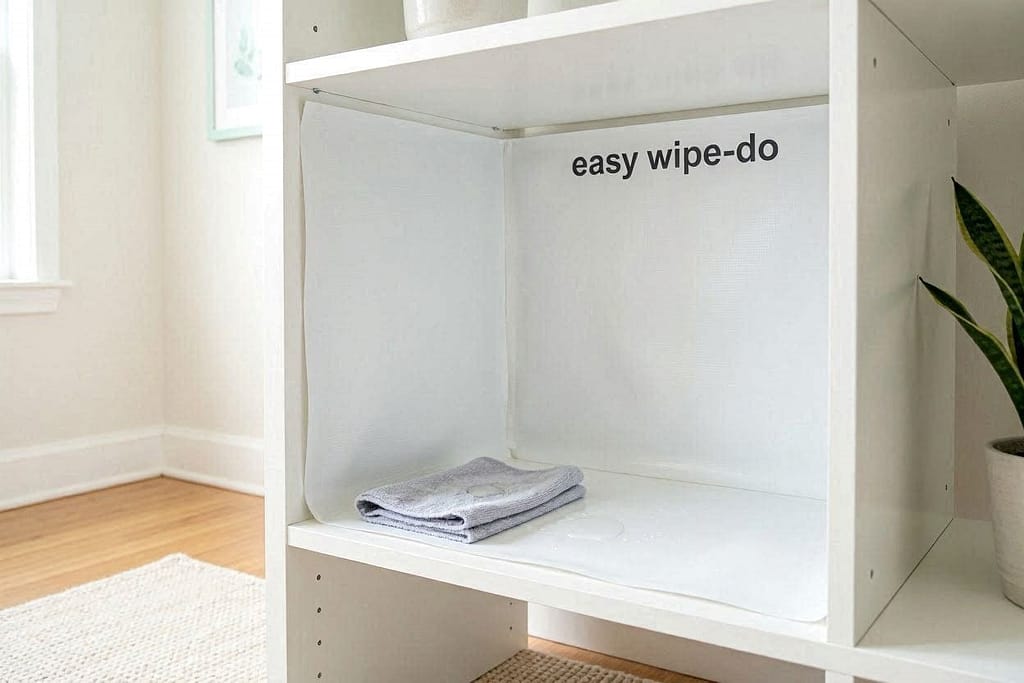 Peel-and-stick vinyl inside feeding cube, wipeable surface. Text: "Easy wipe-do