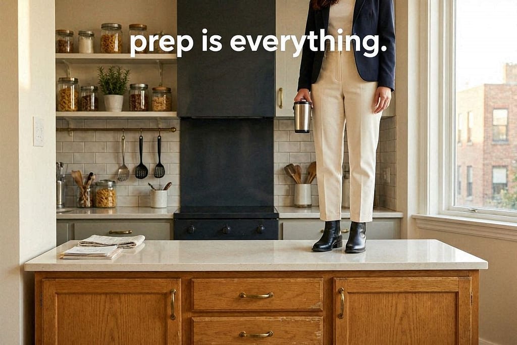 Person sanding cabinet surface. Text: "Prep is everything."