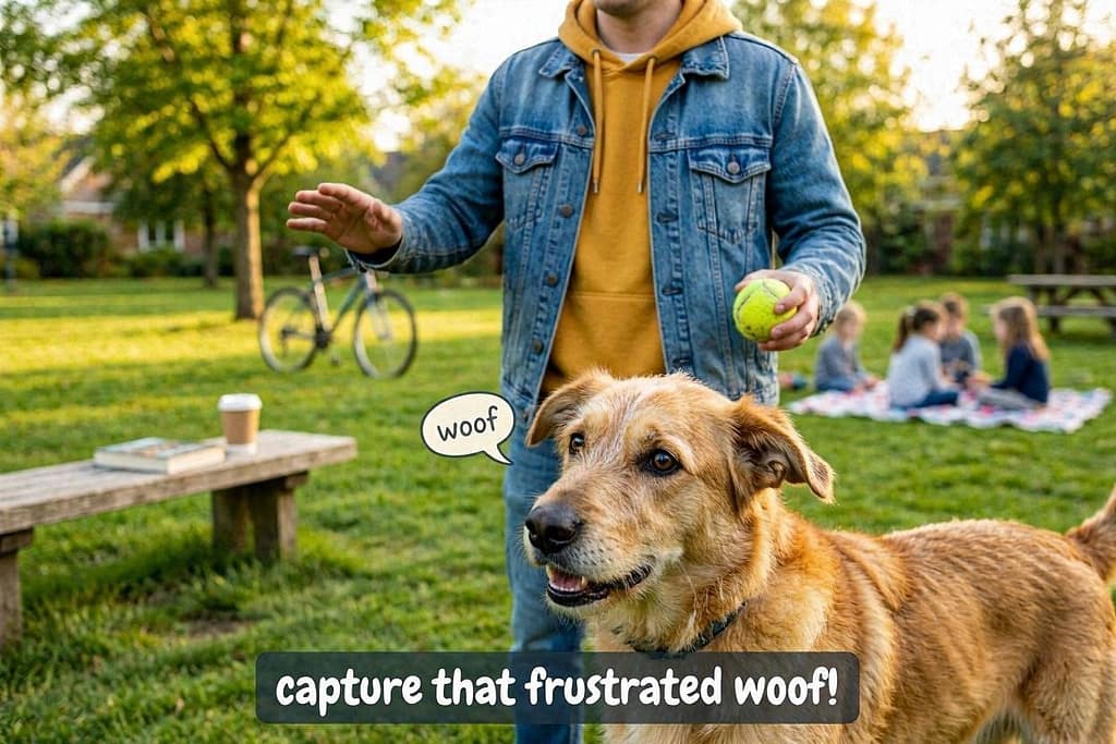 Person stops play, dog looks confused, tiny "woof" bubble. Text: "Capture that frustrated woof!"