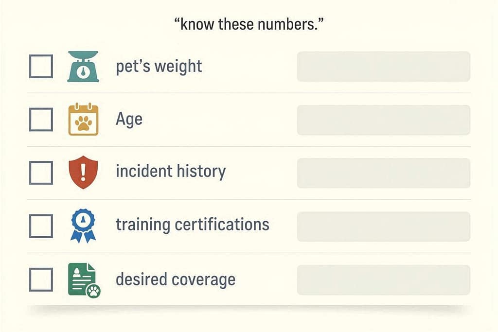 Information checklist graphic Pet's weight, age, incident history, training certifications, desired coverage. Text: "Know these numbers."