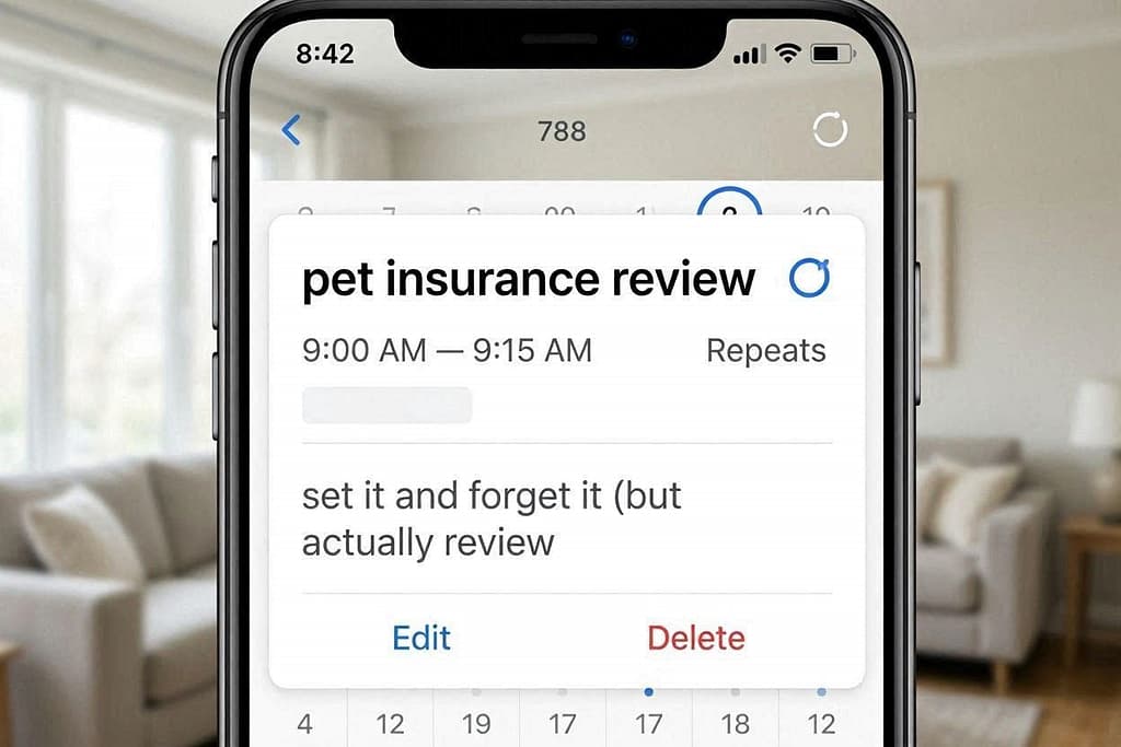Calendar reminder screenshot Phone calendar with "Pet Insurance Review" recurring event. Text: "Set it and forget it (but actually review