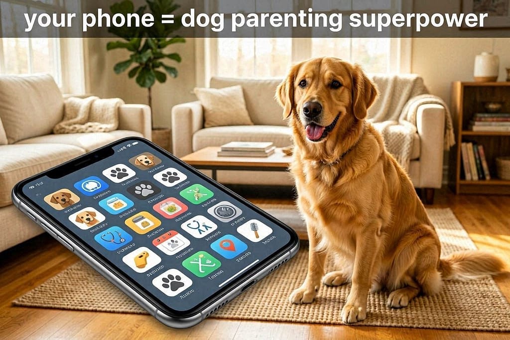 Aspirational hero photo Phone screen with dog apps arranged neatly, happy dog next to phone. Text: "Your phone = dog parenting superpower."