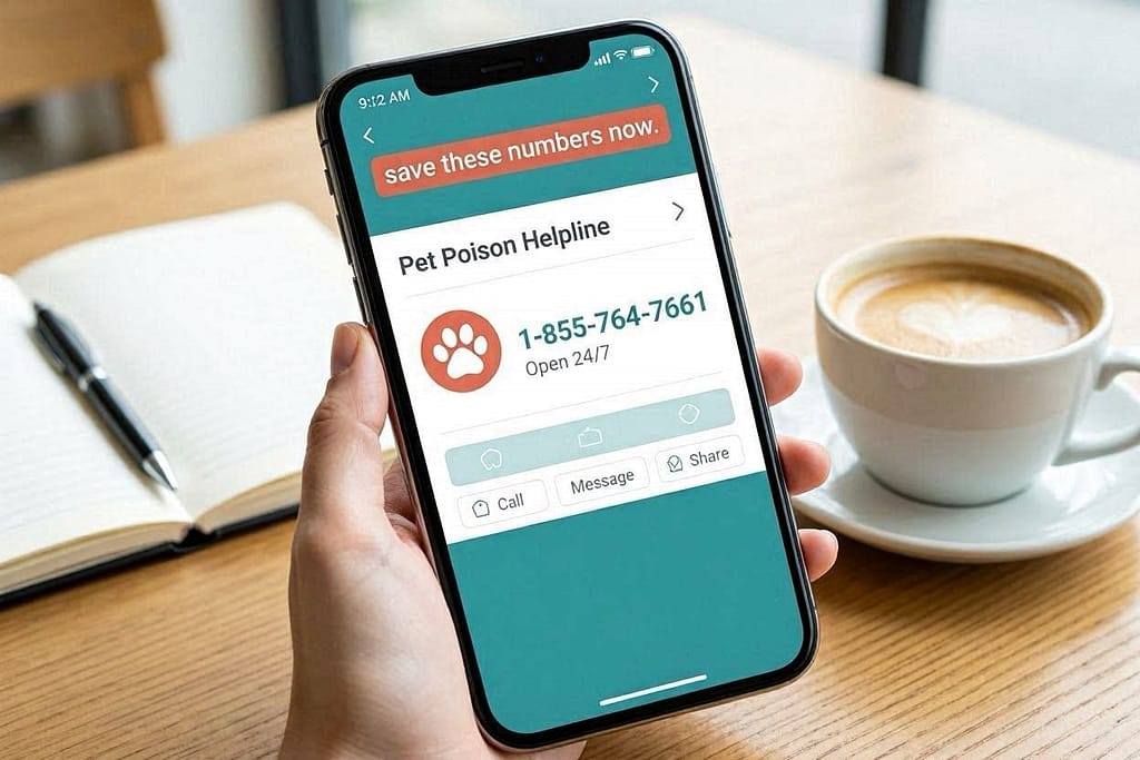 Phone screenshot mockup Phone showing Pet Poison Helpline number on screen. Text: "Save these numbers NOW."
