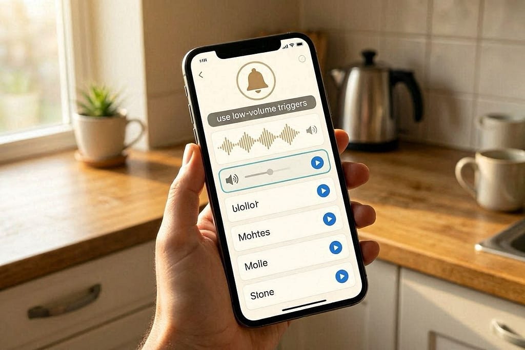 Phone showing doorbell sound app. Text: "Use low-volume triggers"