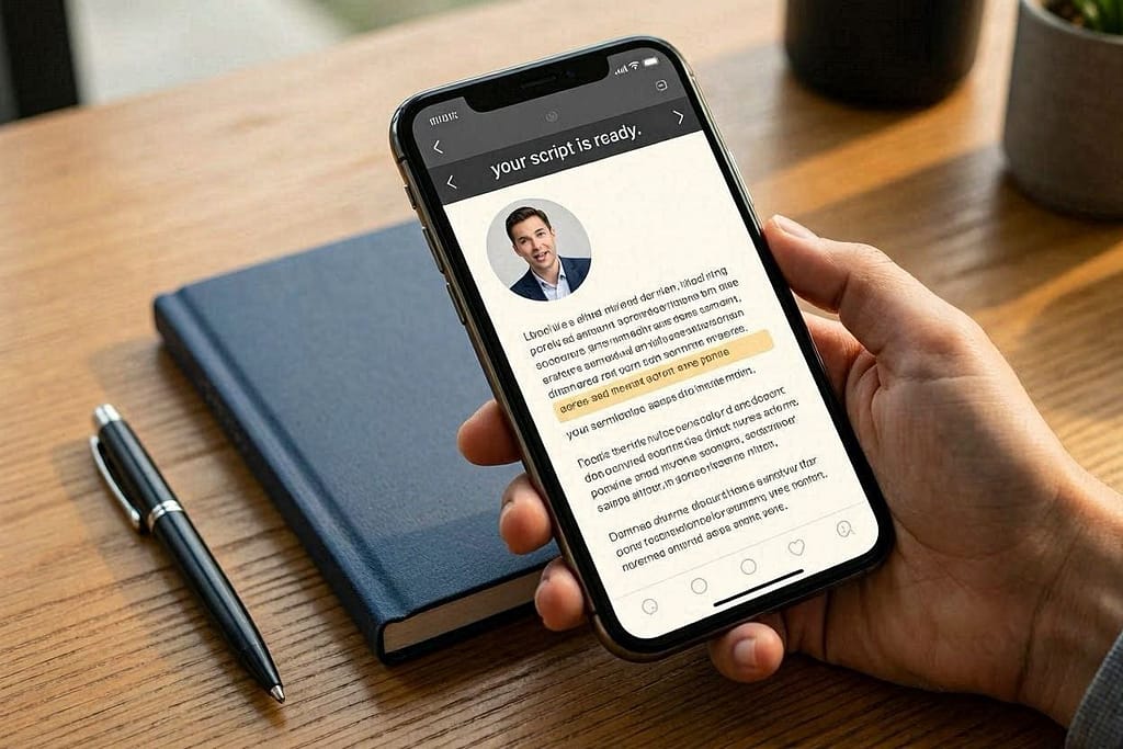 Phone call mockup Phone with script visible on screen, owner speaking confidently. Text: "Your script is ready."