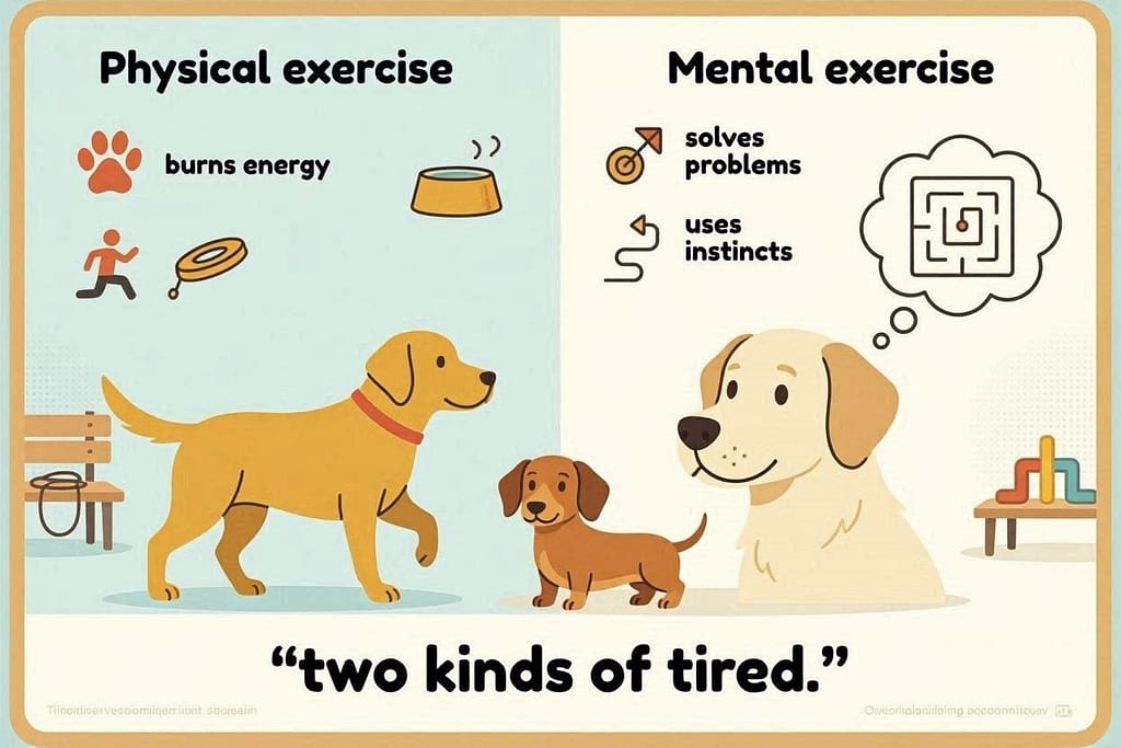 Brain vs. Body infographic Left: Physical exercise (burns energy). Right: Mental exercise (solves problems, uses instincts). Text: "Two kinds of tired."