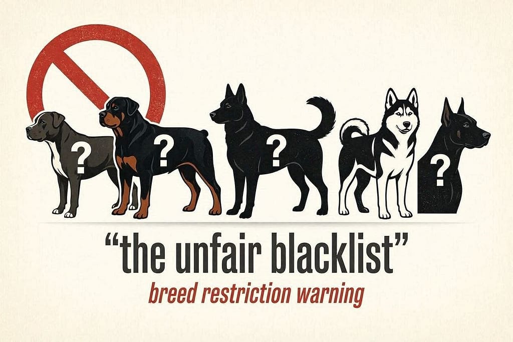Breed restriction warning graphic 🚫 Pit Bull / Rottweiler / German Shepherd / Husky / Doberman silhouettes with question marks. Text: "The unfair blacklist."