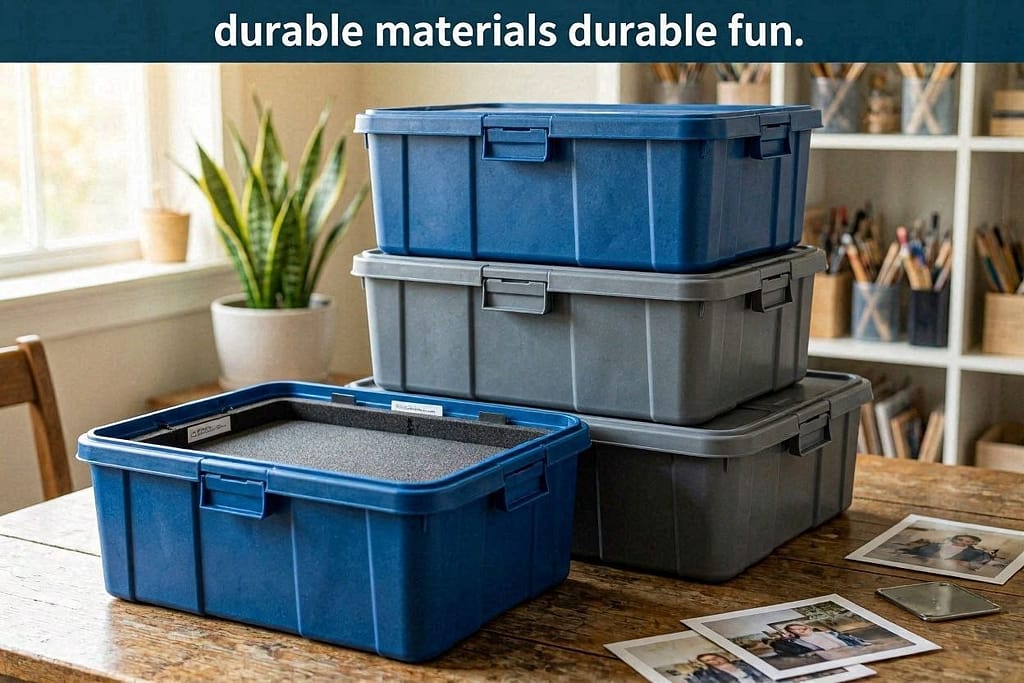 Durable alternative photo Plastic container search instead of cardboard. Text: "Durable materials = durable fun."
