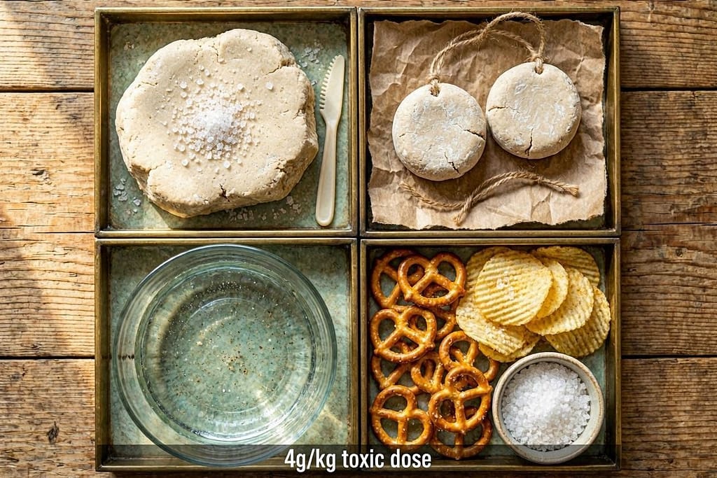 Salt sources grid Playdough, salt dough ornaments, ocean water, salty snacks. Text: "4g/kg = toxic dose."