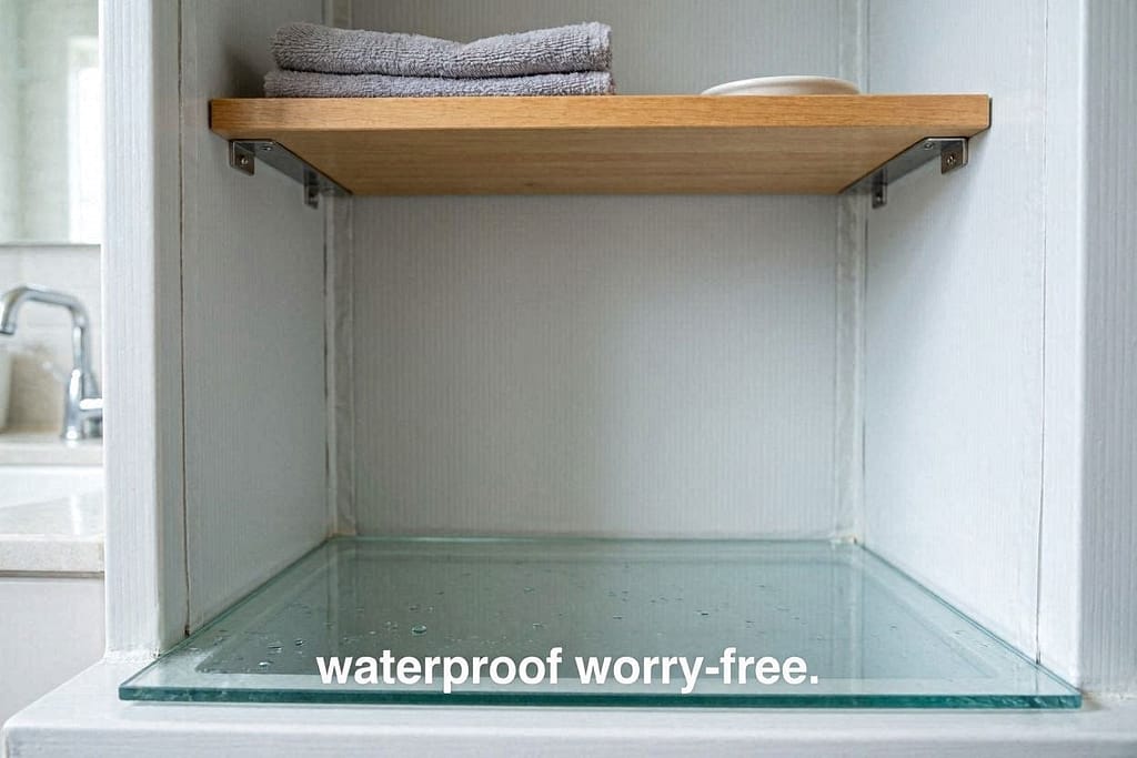 Plexiglass bottom, vinyl-lined walls, shelf installed. Text: "Waterproof = worry-free."