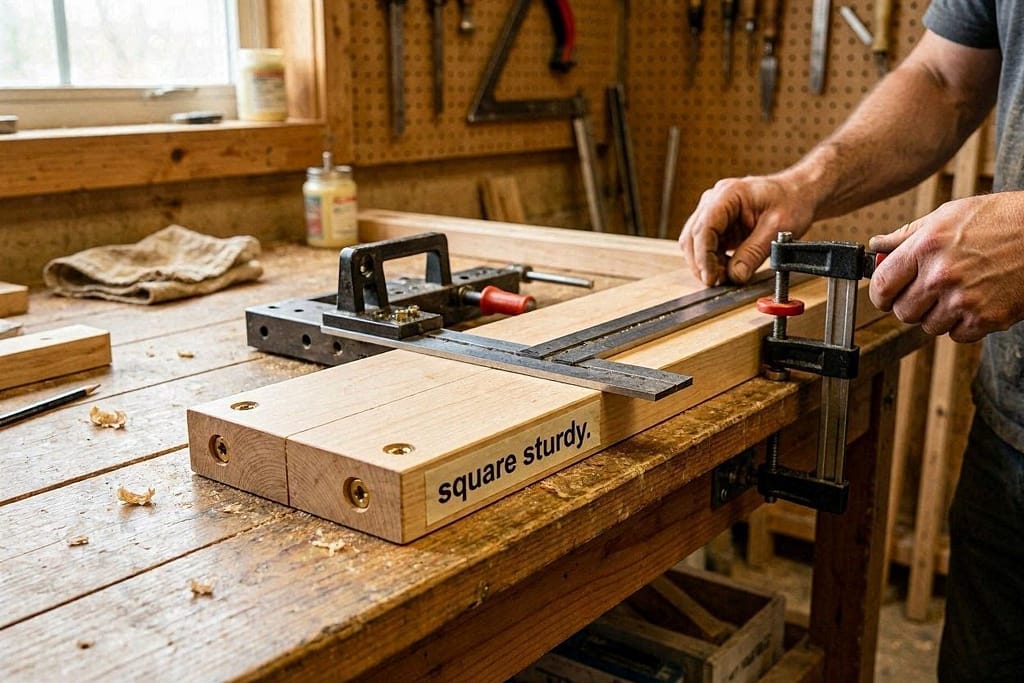 Pocket hole joinery, checking for square. Text: "Square = sturdy."