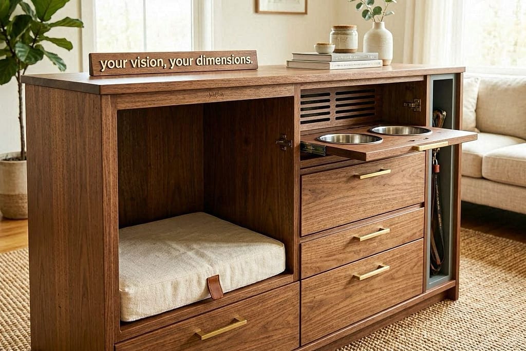 Professional-looking custom build with beautiful wood finish. Text: "Your vision, your dimensions."