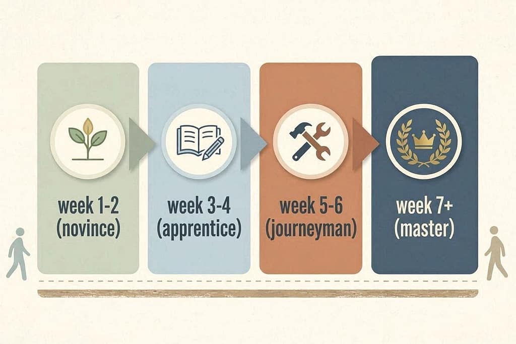 Progression ladder graphic Week 1-2 (Novice) → Week 3-4 (Apprentice) → Week 5-6 (Journeyman) → Week 7+ (Master). Icons for each level