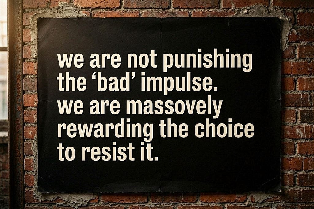 Large text: "We are not punishing the 'bad' impulse. We are massively rewarding the choice to resist it."