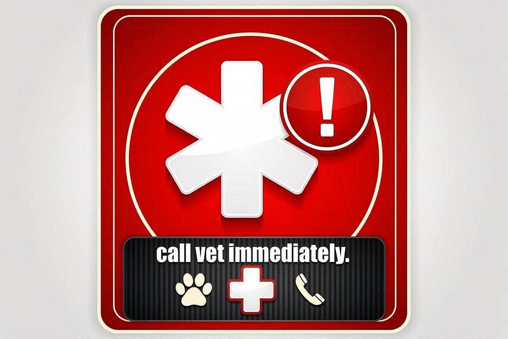 Red alert warning graphic 🚨 RED ALERT with emergency icon. Text: "Call vet immediately."