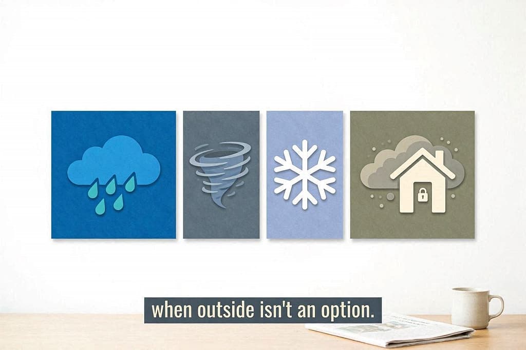 Weather icon grid 🌧️ Rain / 🌪️ Wind / ❄️ Freeze / 🌫️ Air quality / 🏠 Lockdown. Text: "When outside isn't an option."